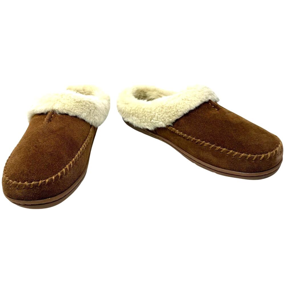 Clarks Size 8 Leather Slippers Slip On Comfort Shoes‎ Brown Fuzzy Lined Clogs
